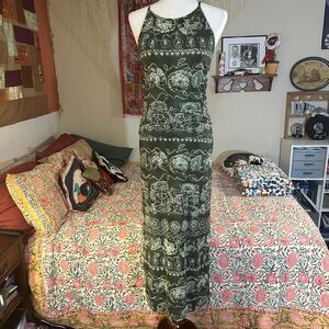 Wrapper 90s Green Floral Halter Tank Top and Slit Maxi Skirt Set